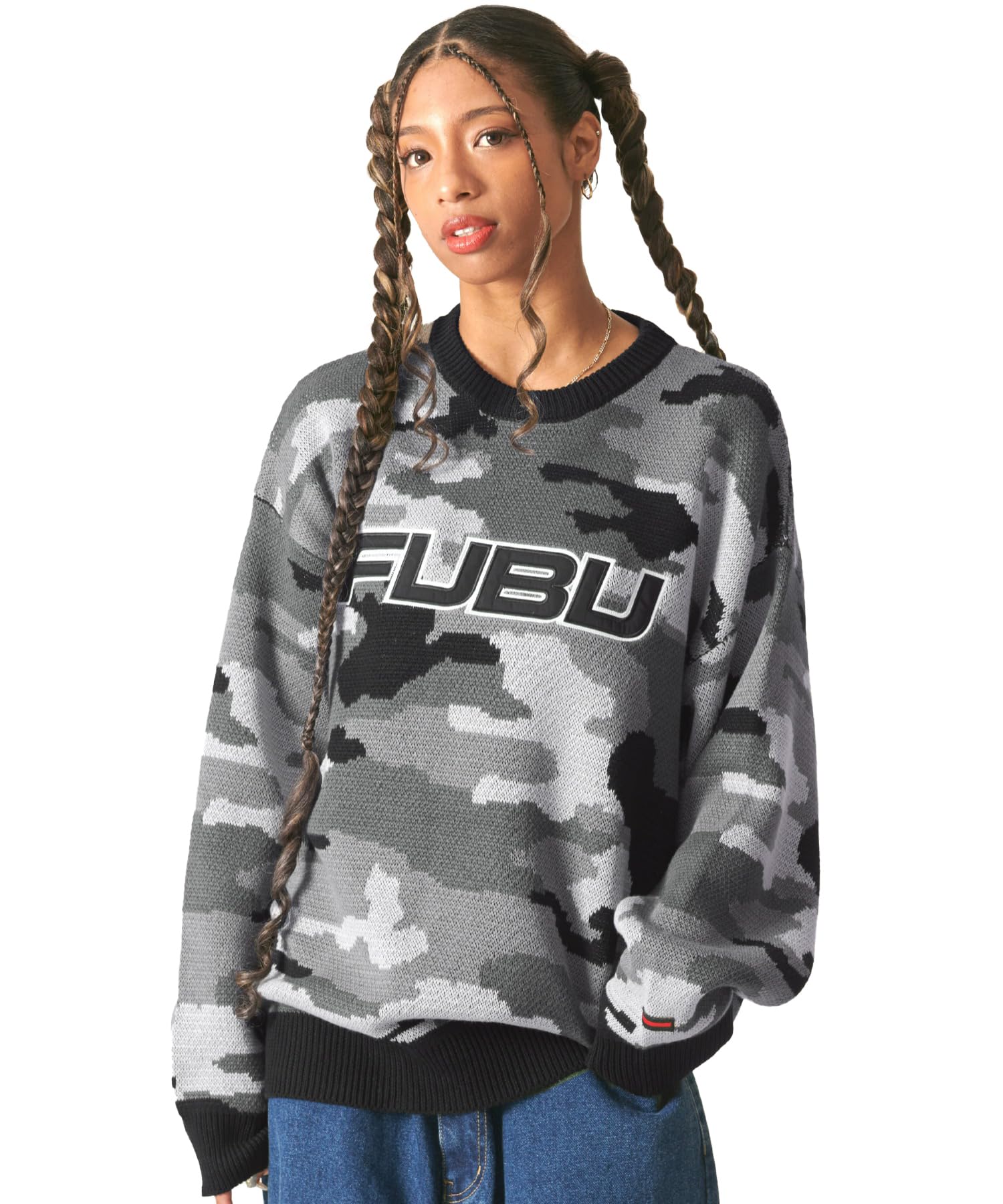 

FUBU Brand Logo Oversized American Casual Pullover Crew Neck Long Sleeve Knit Sweater fam-42711 серый