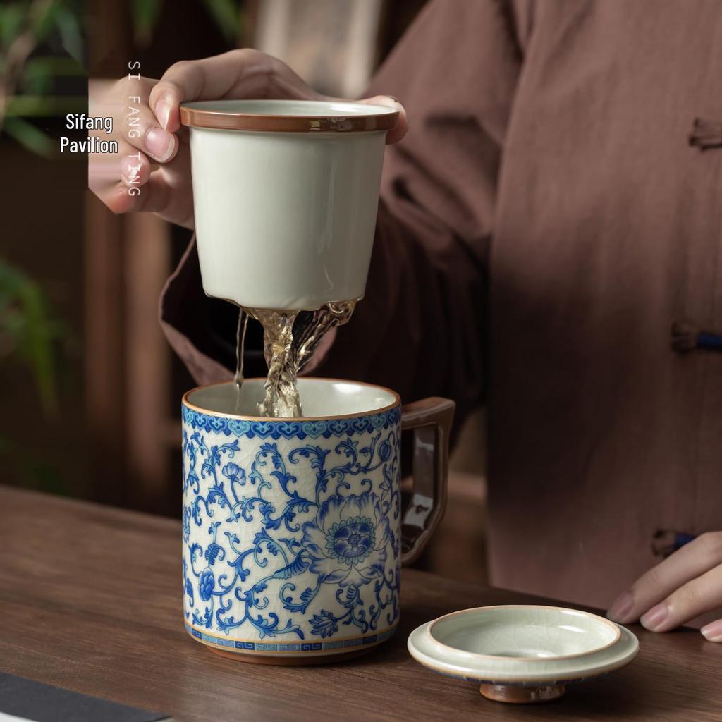 Blue & White Lotus Pattern Ceramic Mug with Lid - Chinese Style Gift Box Set for Home or Office