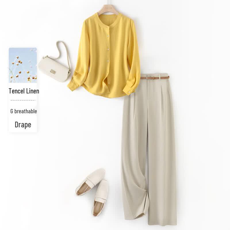 IHIMI Women s Tencel Linen Shirt & Pants Set S