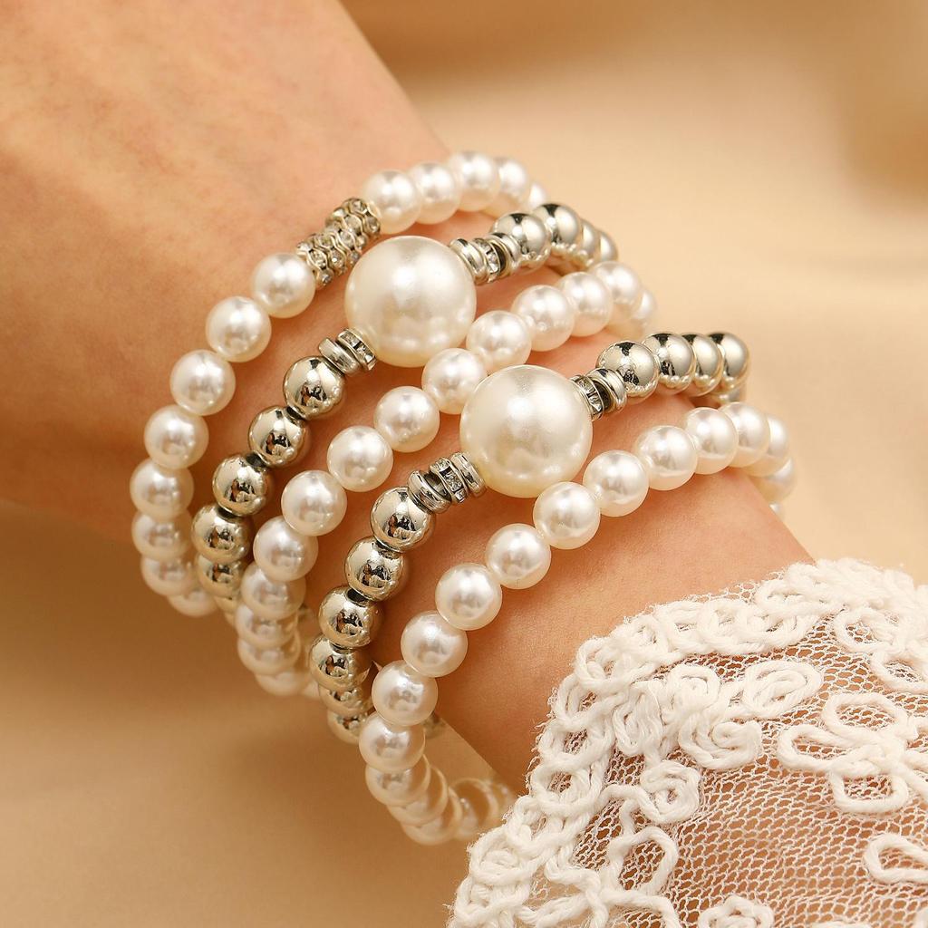 Exaggerated Layered Pearl Bead Bracelet Set for Women