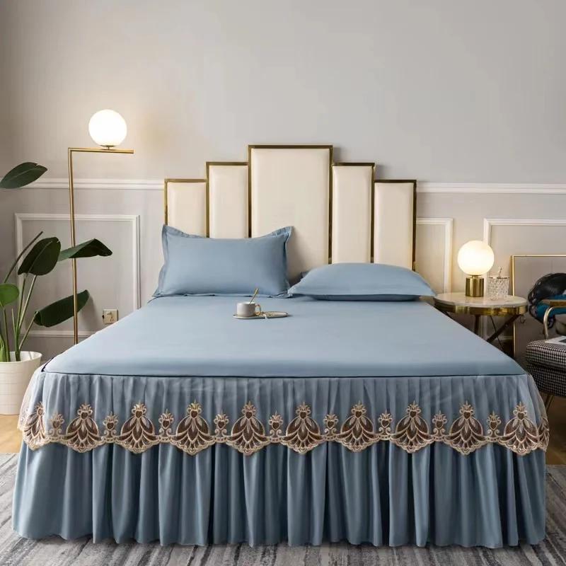 3pcs Set Raw Cotton Bed Romance Dust Protector Cover Soft Bedspread Embroidery Lace Edge Bed Skirt with 2pcs Pillowcase