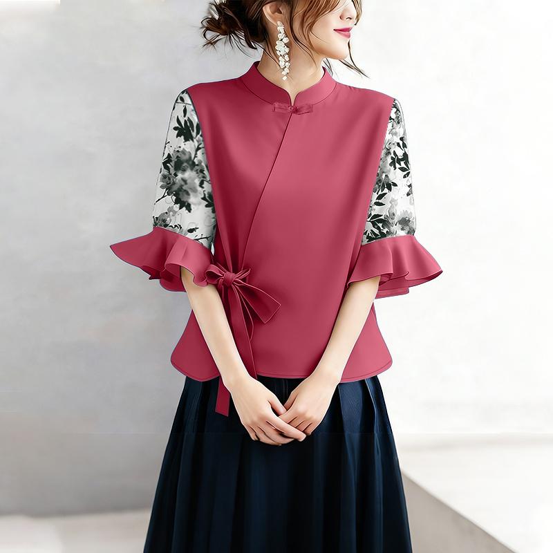 ZANZEA Women Casual Stand Collar Print Splice Half Sleeve Loose Blouse