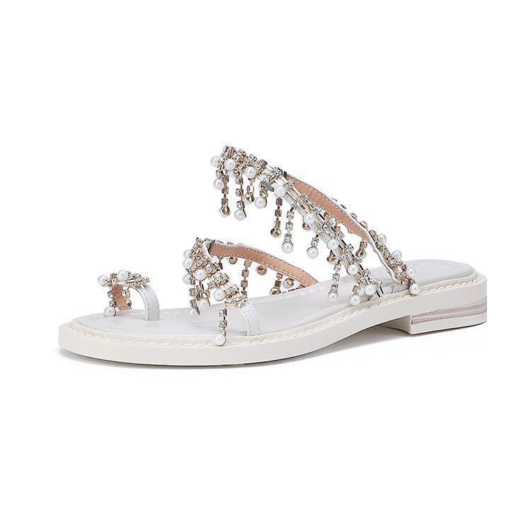 Rhinestone Flat-soled Sandals Female 2025 New Vacation Seaside Xishuangbanna Toe Round Head Roman Shoes Fairy