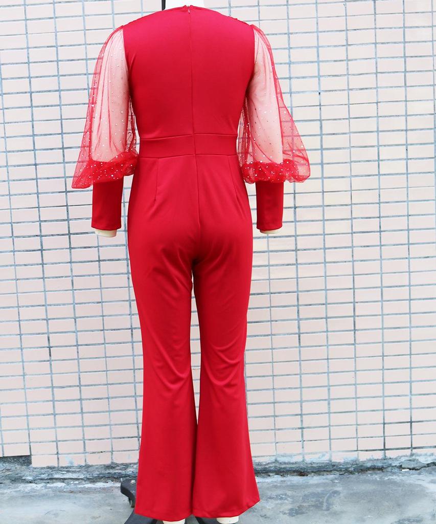 2022 Fall/Winter Women's European & American Style Mesh Spliced Long-Sleeve Slim Wide-Leg Jumpsuit