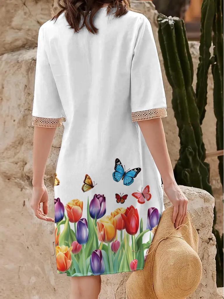 2025 Spring/Summer Lace V-Neck Print Midi Dress with Loose Hem