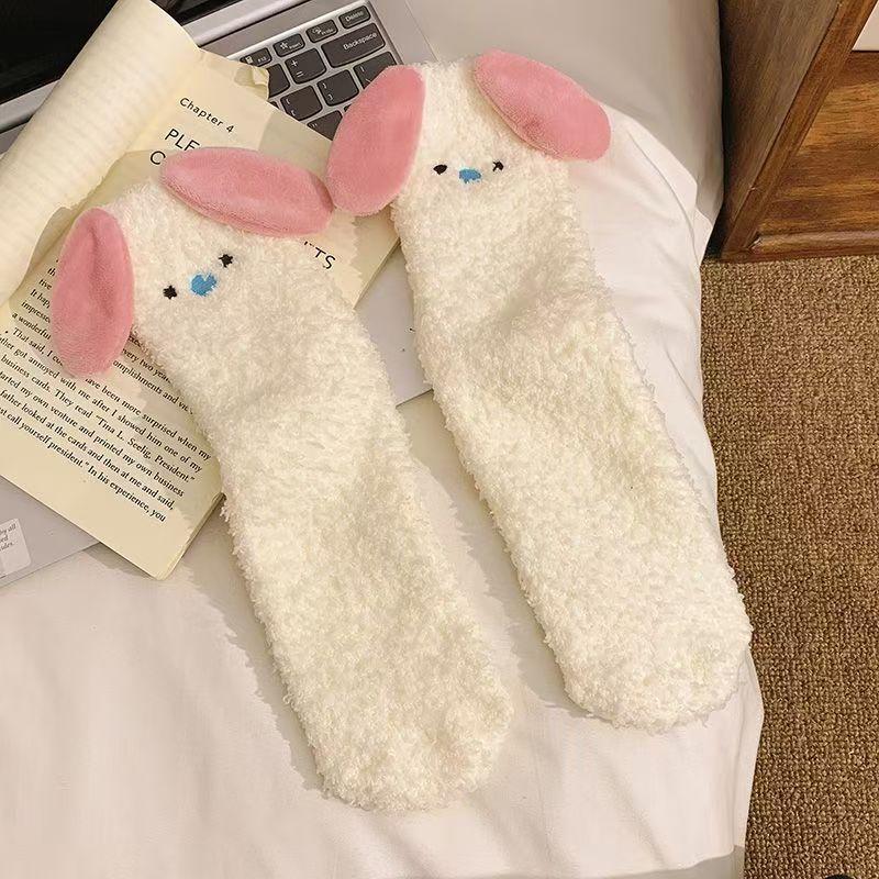 Cute Puppy Dog Coral Fleece Socks Mid-Tube Socks Autumn Winter Plus Velvet Thickened Home Sleeping Floor Socks Warmer Socks Gift