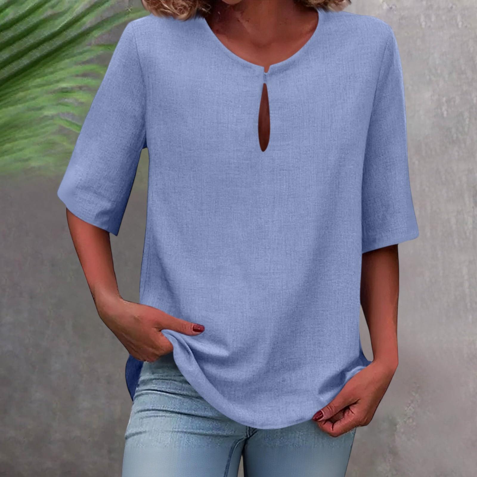 

Женская однотонная хлопково-льняная рубашка большого размера с v-образным вырезом и средним рукавом XL синий