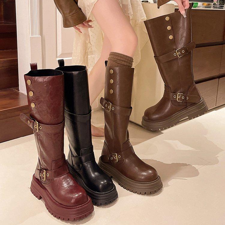 Retro British Style Thick Heel Platform Boots Women's 2025 Autumn and Winter New But Knee Heightening Knight Boots