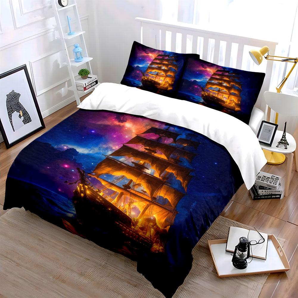 Ship Canvas Artwork Set Soft Comfortable Duvet Cover Bedding Set Included 1*Duvet Cover & 2*Pillowcases, Gift