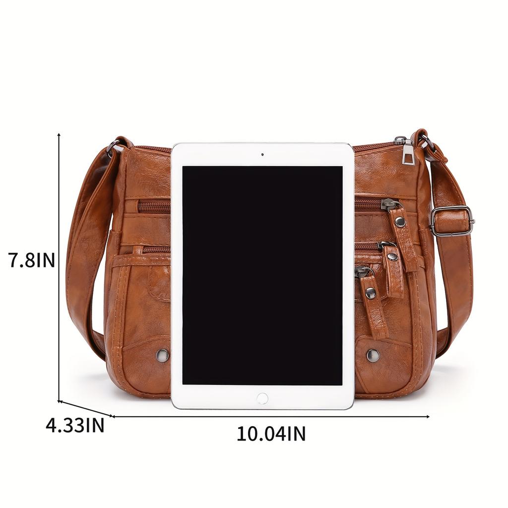 Solid Color Multi Zipper Bag Vintage Soft Leather Shoulder Bag  Casual Crossbody Purse For Work