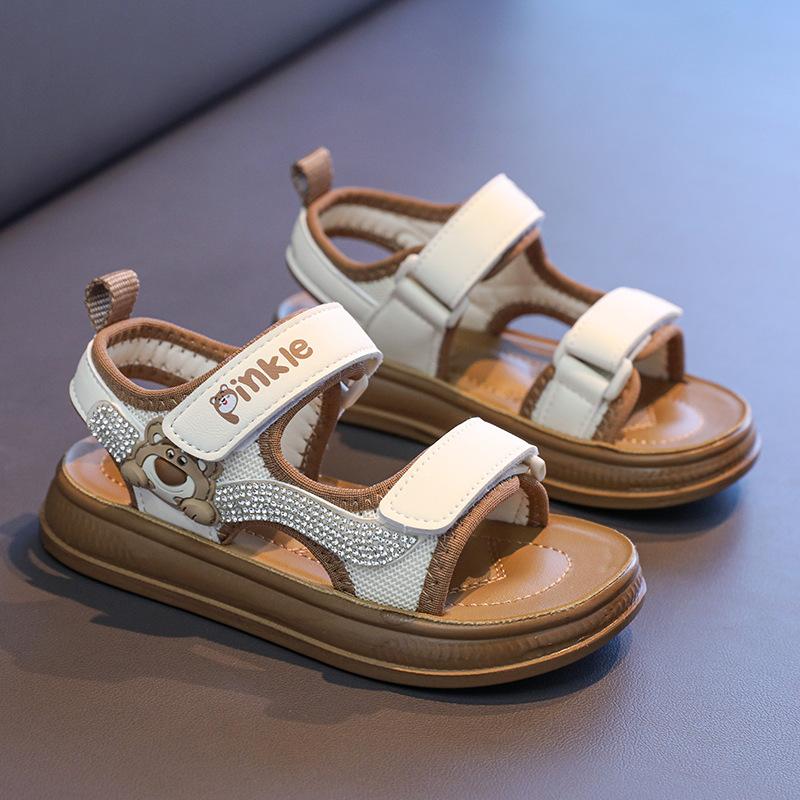 Children's open-toe beach shoes2026New Spring and Summer Rhinestone Girls' Sandals Cute Bear Velcro Children's Shoes