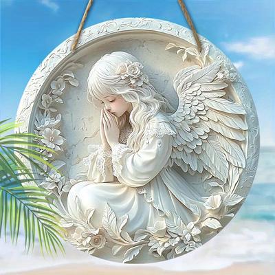 Arte de Pared de Madera de Ángel Alado Blanco Plano 2D, Decoración Colgante de Guirnalda de Oración de Ángel para Hogar/Iglesia, Elegante Adorno de Ángel para Puerta, Ventana o Habitación