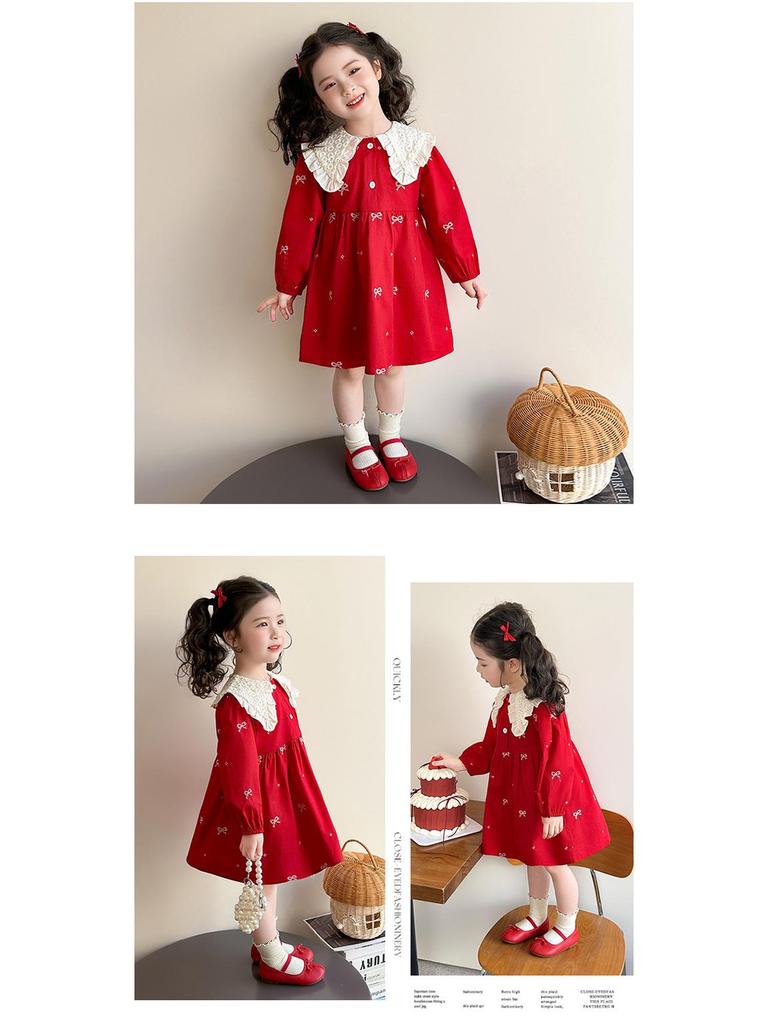 Spring Lace Collar Dress for Girls - Bow Embroidered Princess Skirt