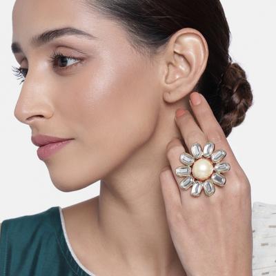 Designer Adjustable Polki Kundan Ring For Women With Cream Pearl