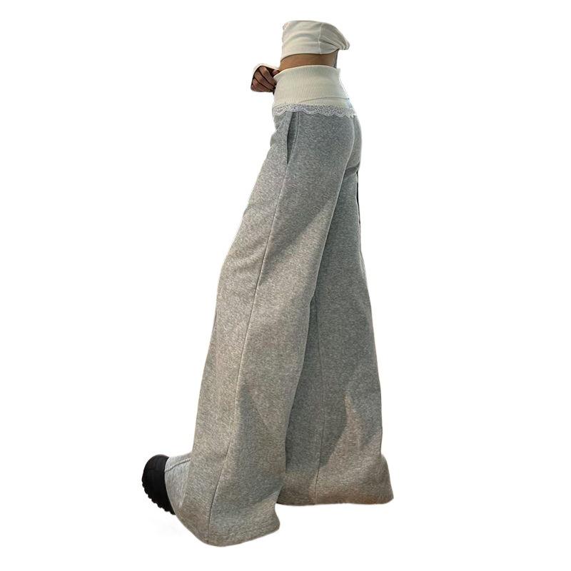 Damen Herbst Fleecegefütterte Gestrickte Spitzen Weitbein Hose - Vielseitig, Lässig, Bodenlang