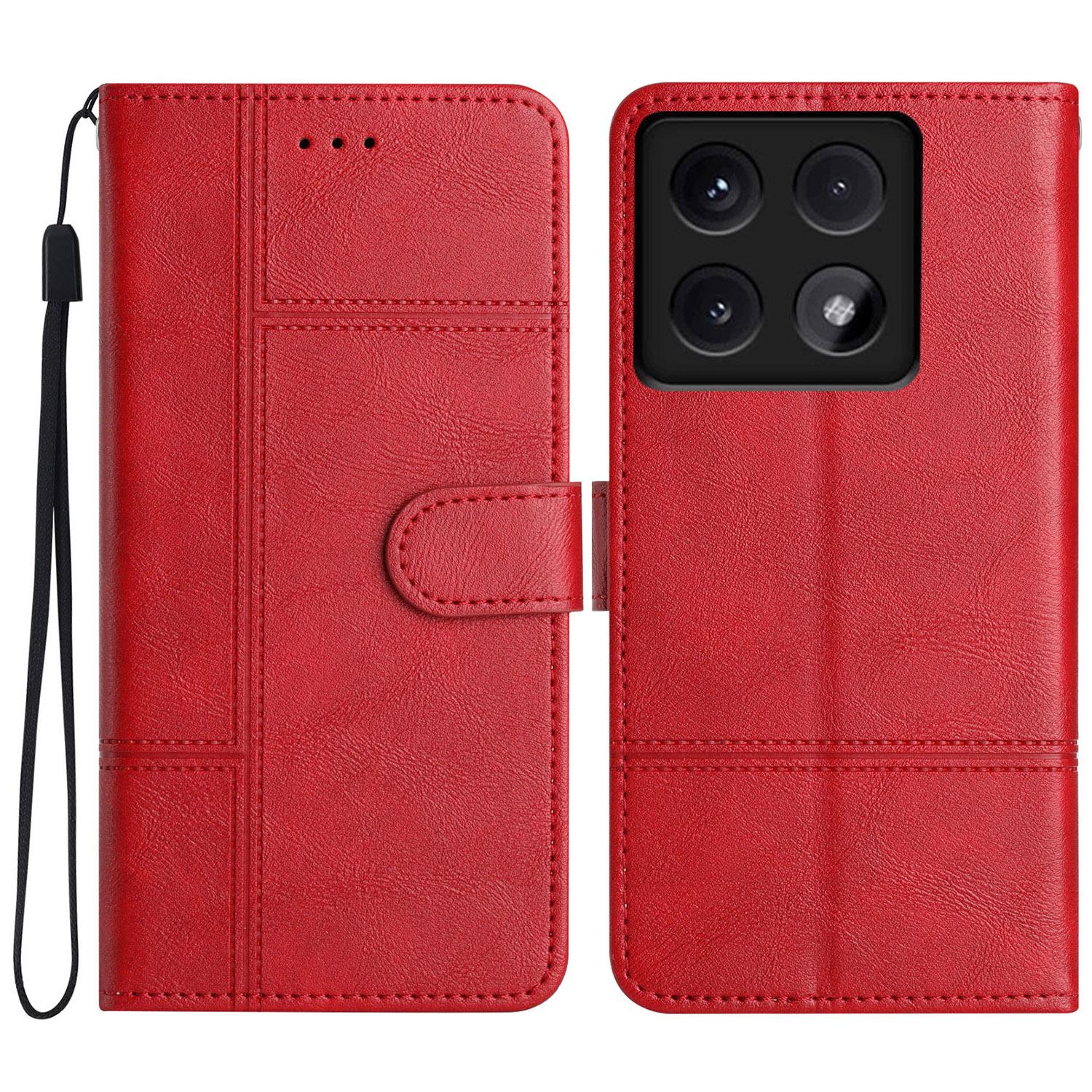

For Xiaomi 14T Case Line Imprinted PU Leather Wallet Phone Cover Red