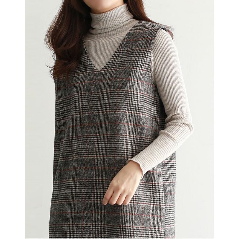 Damen Strickweste Kleid Baumwolle V-Ausschnitt Pullover Kariert Vintage Tanktop Ärmelloses Kleid mit Taschen