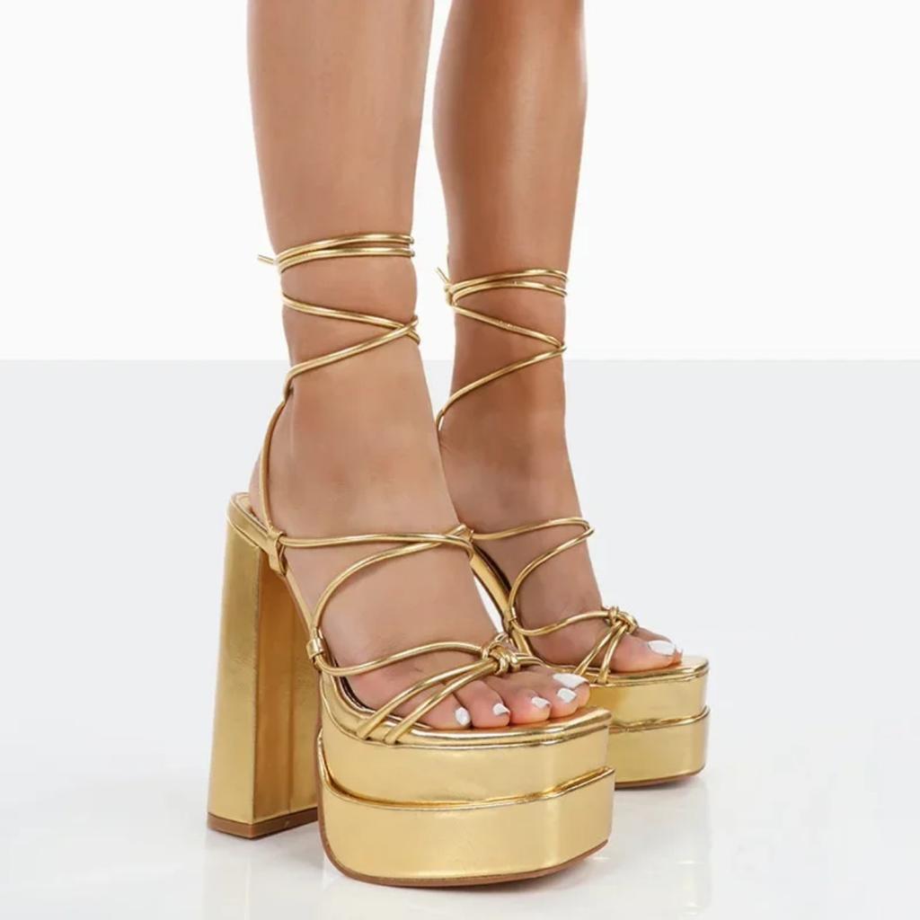 2025 New Brand Spring Summer Sandals Open Toe Chunky Platform High Thick Heel Women Sexy Elegant Party Office Lace Up Shoes