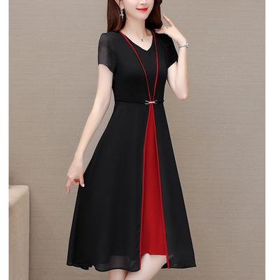 Moda de Verão Falso Duas Peças Elegante Moda A-line Robe Femme Manga Curta Patchwork Midi Vestidos Mulheres Vestido Casual Slim
