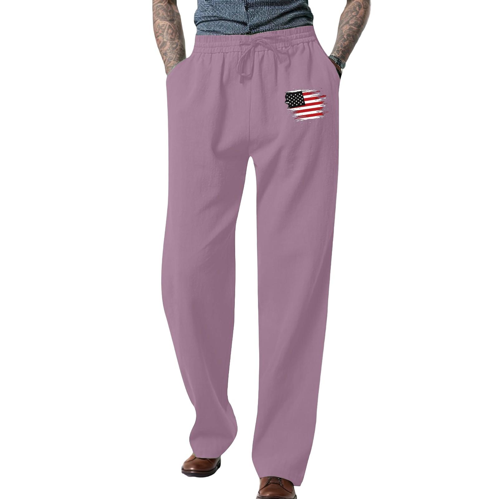 

Men s Loose Casual Solid Color Cotton Linen Trousers Elastic Tie Printed Straight Pants M фіолетовий