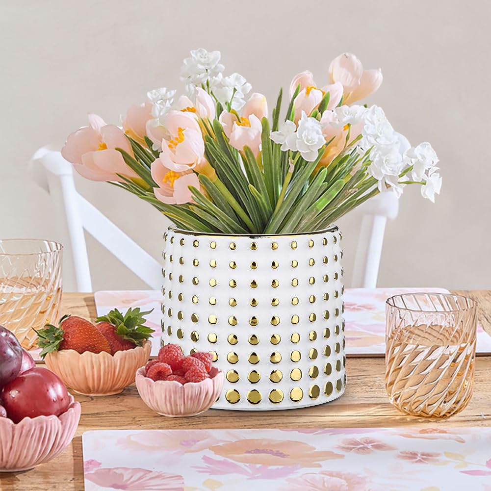 Villa Como Flower Ceramic Stylish with Potted Indoor Gold Pot, Pot, Planter, No. 4.5, Holes, Pot, Plant, Interior, Room, Office, Decoration, White,