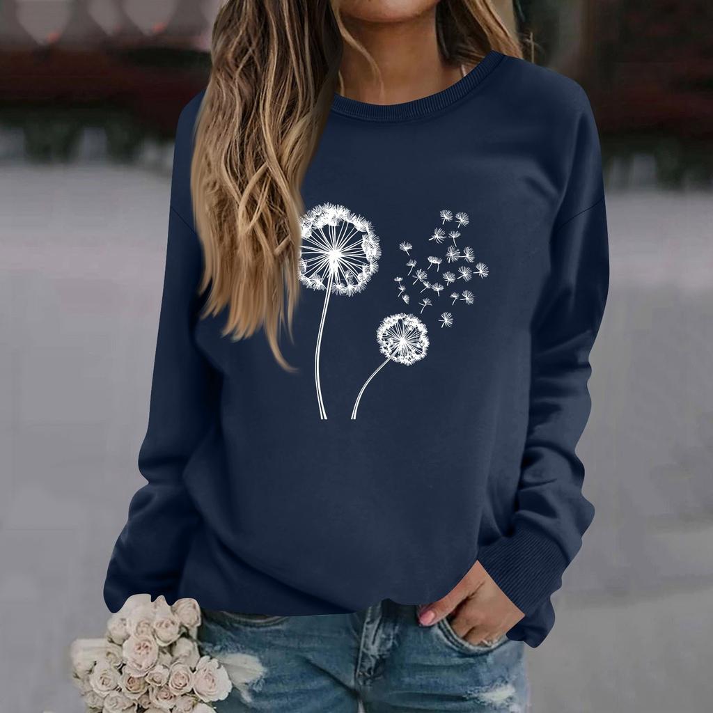 Women's Fashion Casual Long Sleeve Solid Color Printed Round Neck Top Sweatshirt