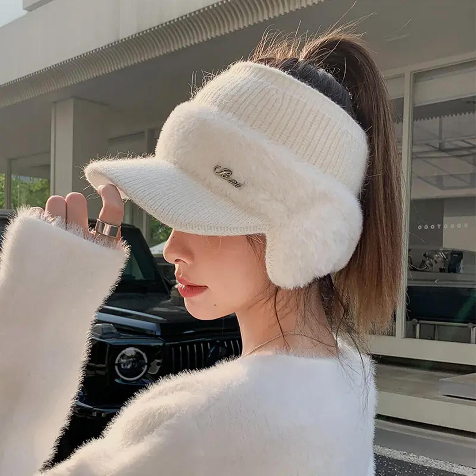 

Ponytail Knitted Baseball Cap Warm Open-top Hat Women Autumn and Winter Thickened Cycling Cold-proof Ear-protecting Baseball Cap белый