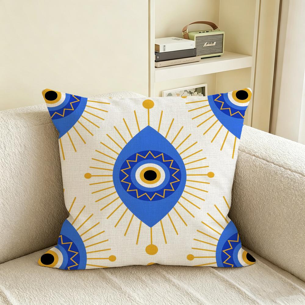 L-Lucky Evil Eye Cushion Cover Natural Linen Pillowcase Set, All-In-One Decor For Sofa, Bedroom & Chair