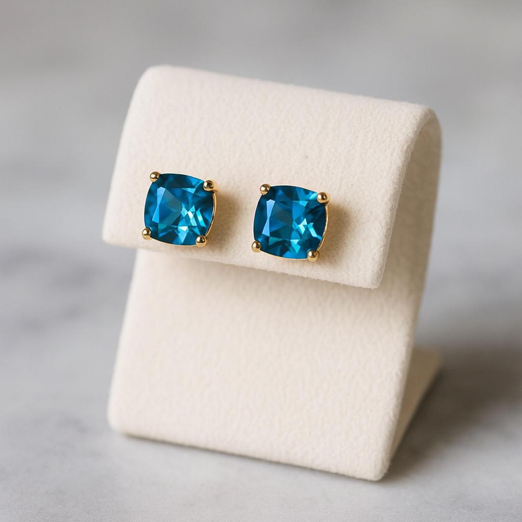 London Blue Topaz Stud Earrings, Handcrafted Square Cut Gemstone Studs, Everyday Wear Jewelry