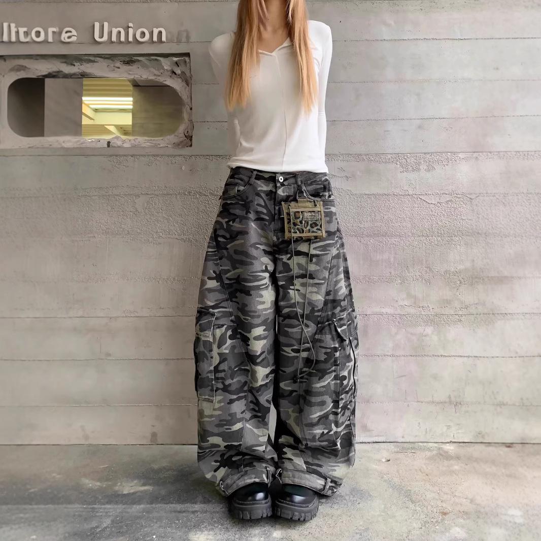 

Унісекс Ретро Камуфляжні Широкі Джинси Робочого Стилю з Багатьма Кишенями S камуфляжний