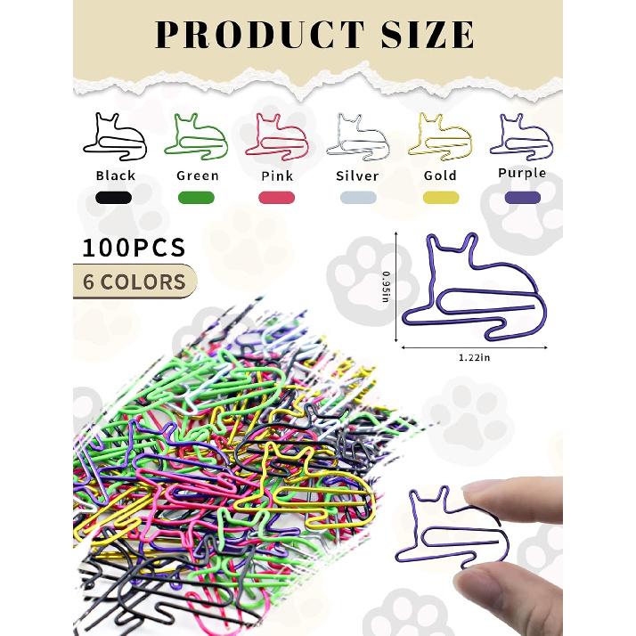 100 Pcs Cat Paper Clips, Cute Paper Clips for Office Supplies, Cat Themed Gifts for Reading Lovers