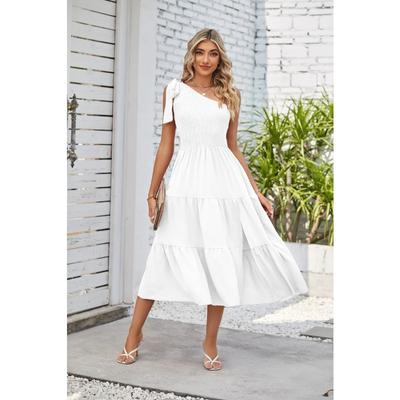 Summer Women's Dress One Shoulder Drawstring Layered Hem Split Dresses