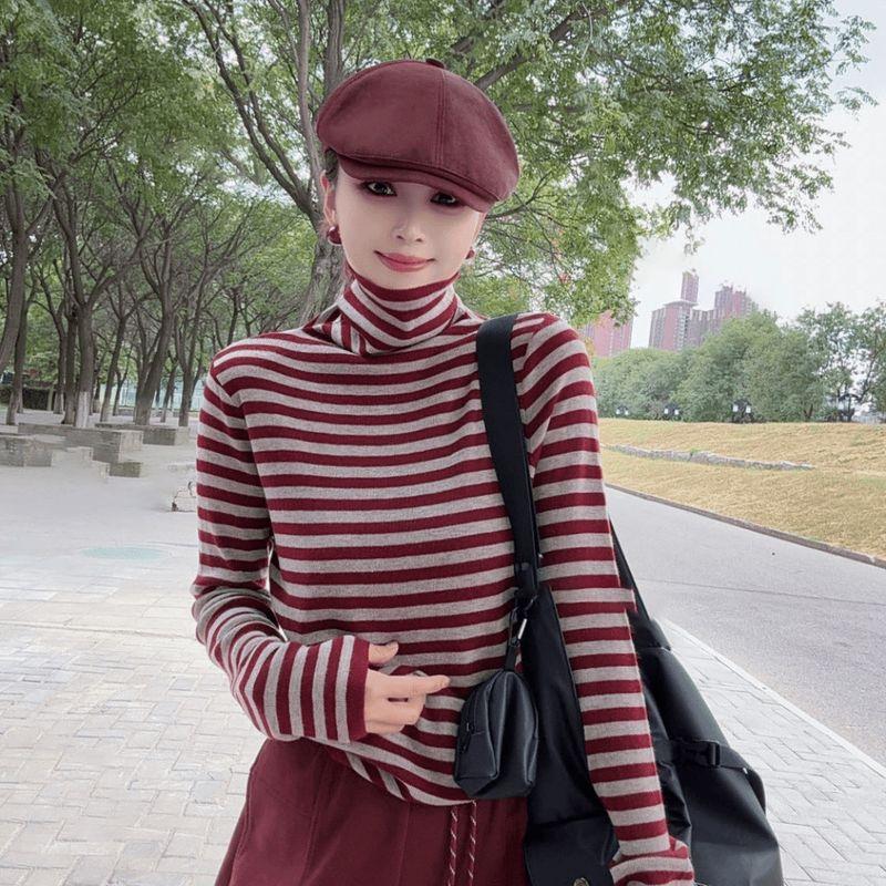 

European Station Ankela Red Pile Collar Autumn and Winter Easiest for Match Classic Stripes Bottoming Shirt Loose Western Style Long Sleeves Sweater Ankoala Red Stripes XL