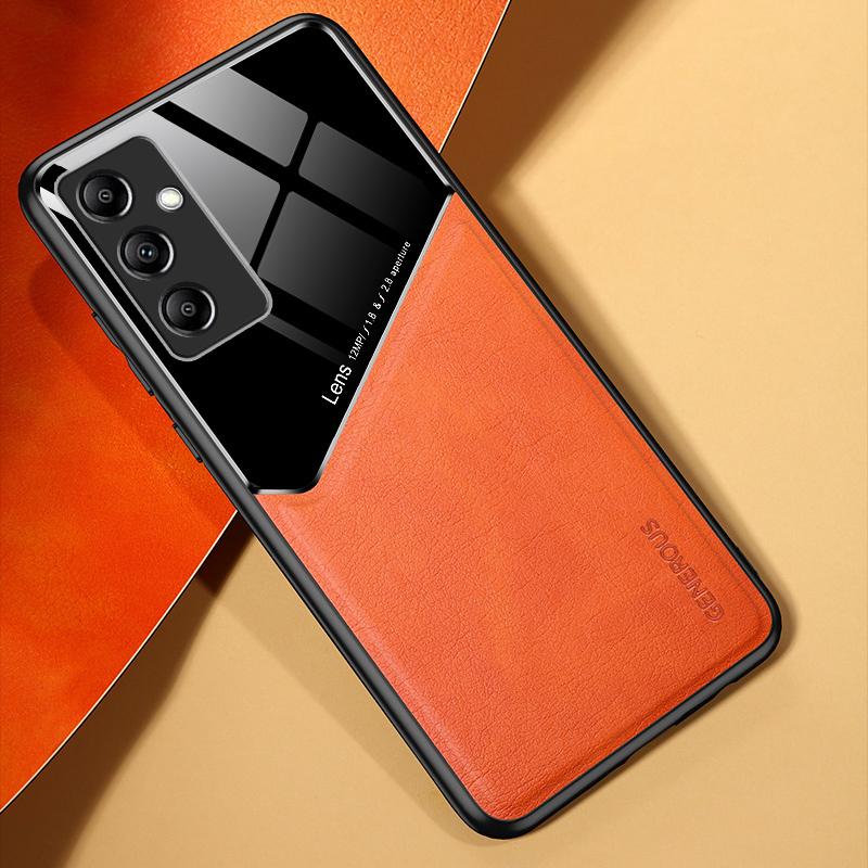 

For Samsung Galaxy M14 5G PU Leather Coated TPU+PC Anti-drop Phone Back Case with Car Mount Metal Sheet Orange
