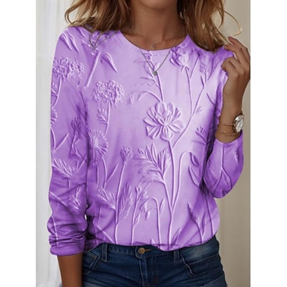 Women's T Shirt Floral Casual Long Sleeve Round Neck Regular Tops Weekend Print Clothing