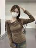Korean Off-Shoulder Twist Long-Sleeve Slim-Fit T-Shirt for Women, Autumn/Winter Design, Base Layer Top
