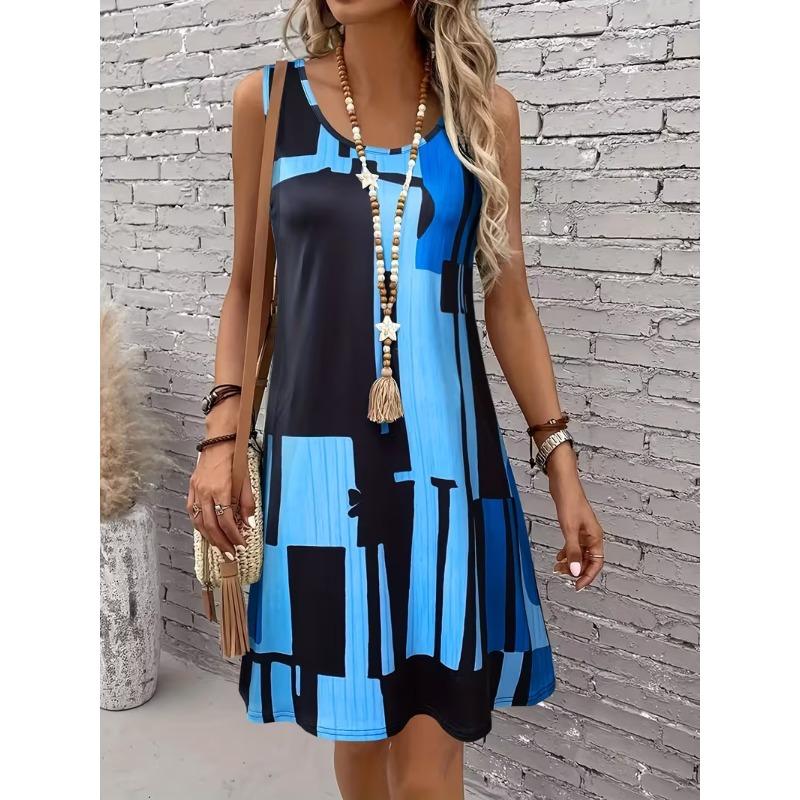 Women's plus size summer sleeveless dress, casual holiday dress, suitable for beach outings and daily parties, bright pattern design