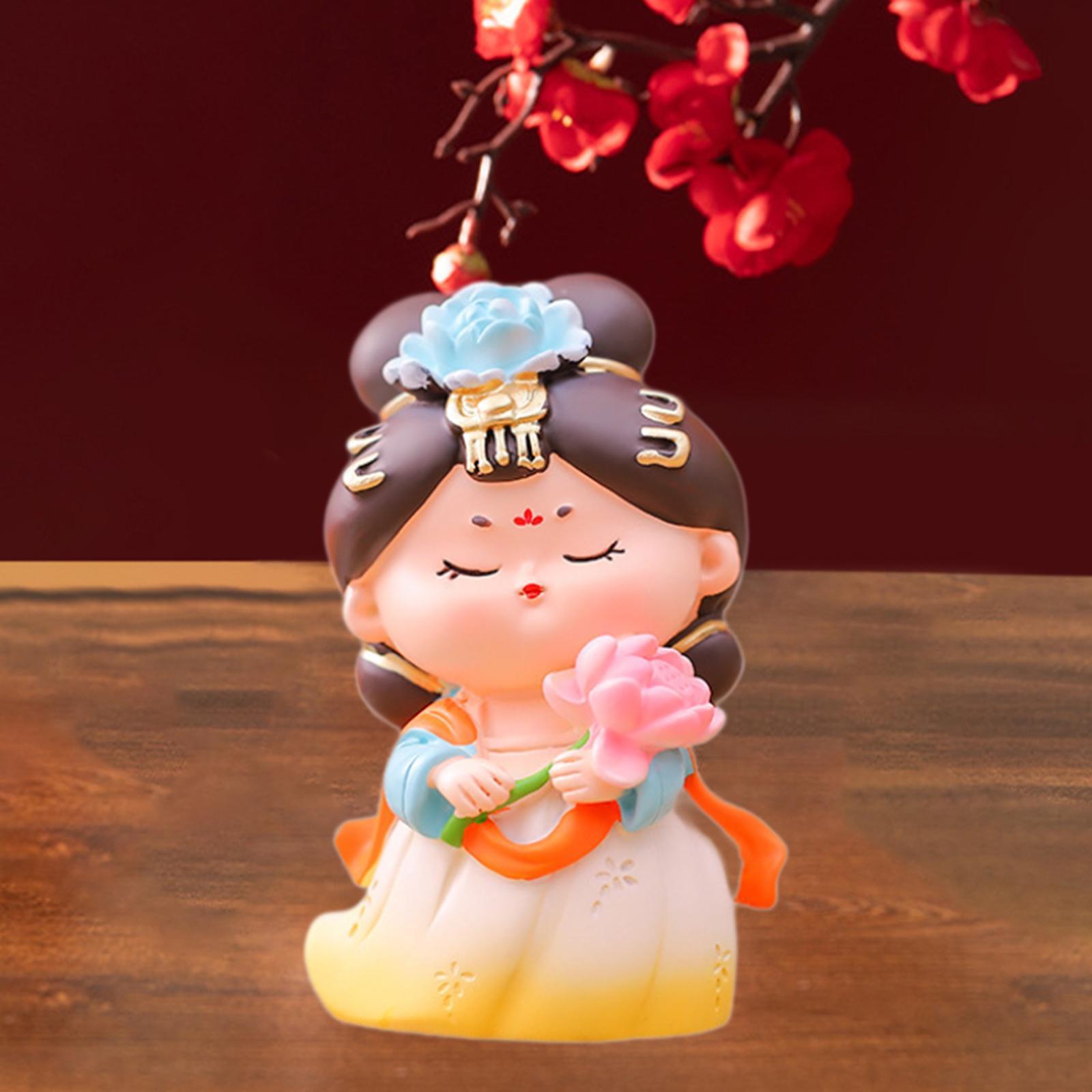 Cartoon Tang Dynasty Lady Statue Decorative 3x2.8x4.4inch Traditional Tabletop Ornament for Bookshelves Lightweight Multipurpose