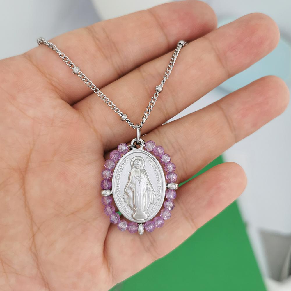 QMHJE Virgin Mary Stainless Steel Pendant Necklace Women Choker Beads Chain Oval Round Charm Gold Color Jewelry White Black