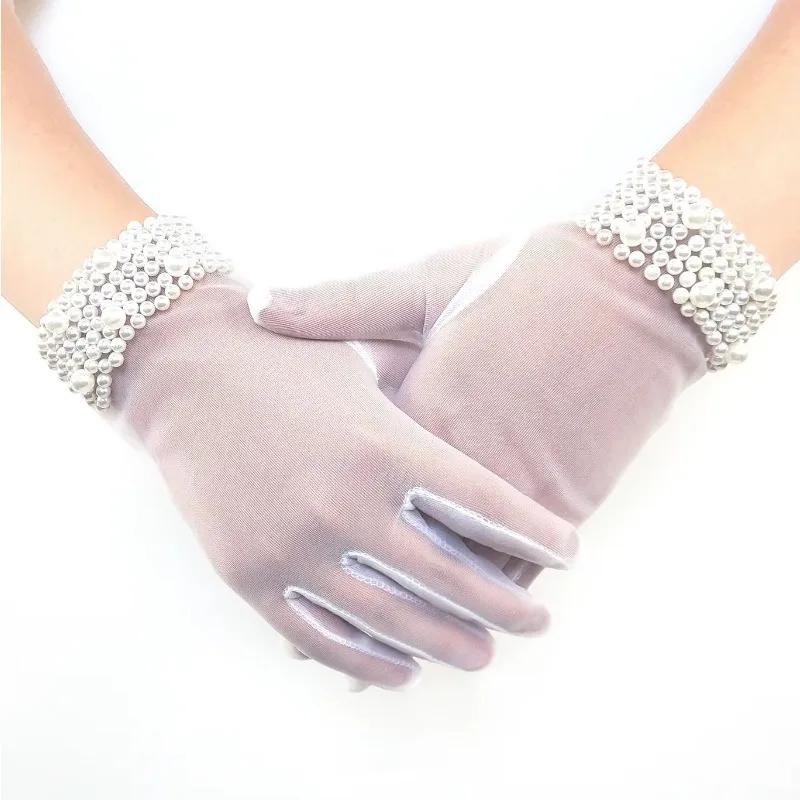 Fashion Bride Wedding Dress Gloves Lace Satin Pearl Party Women Beads Short Gloves White Gloves