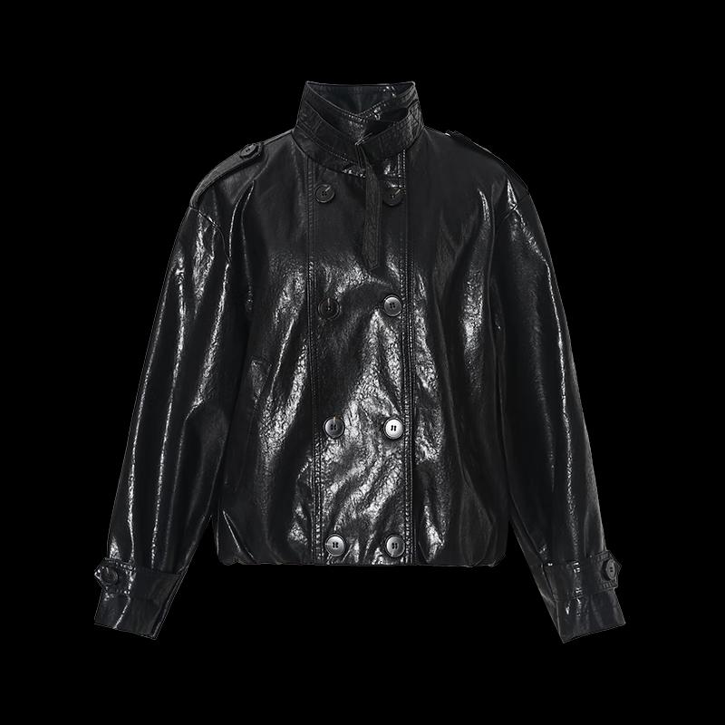 Ta Tu Women's Loose-fit Stand Collar Short PU Leather Jacket