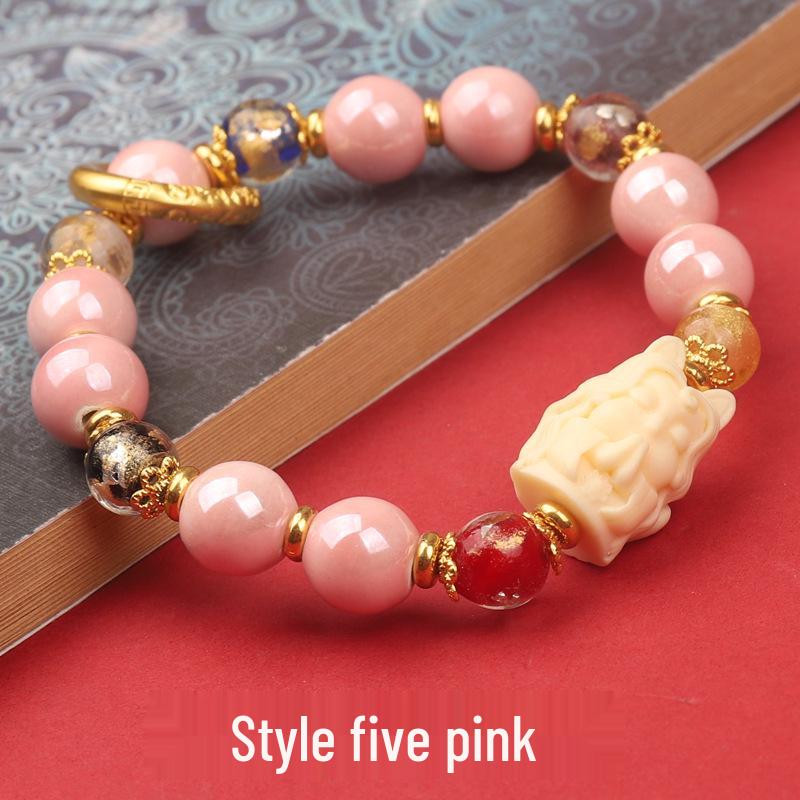 Beijing Nine-Tailed Fox Ceramic Bracelet: Incense Ash Glazed Court Style with Beads