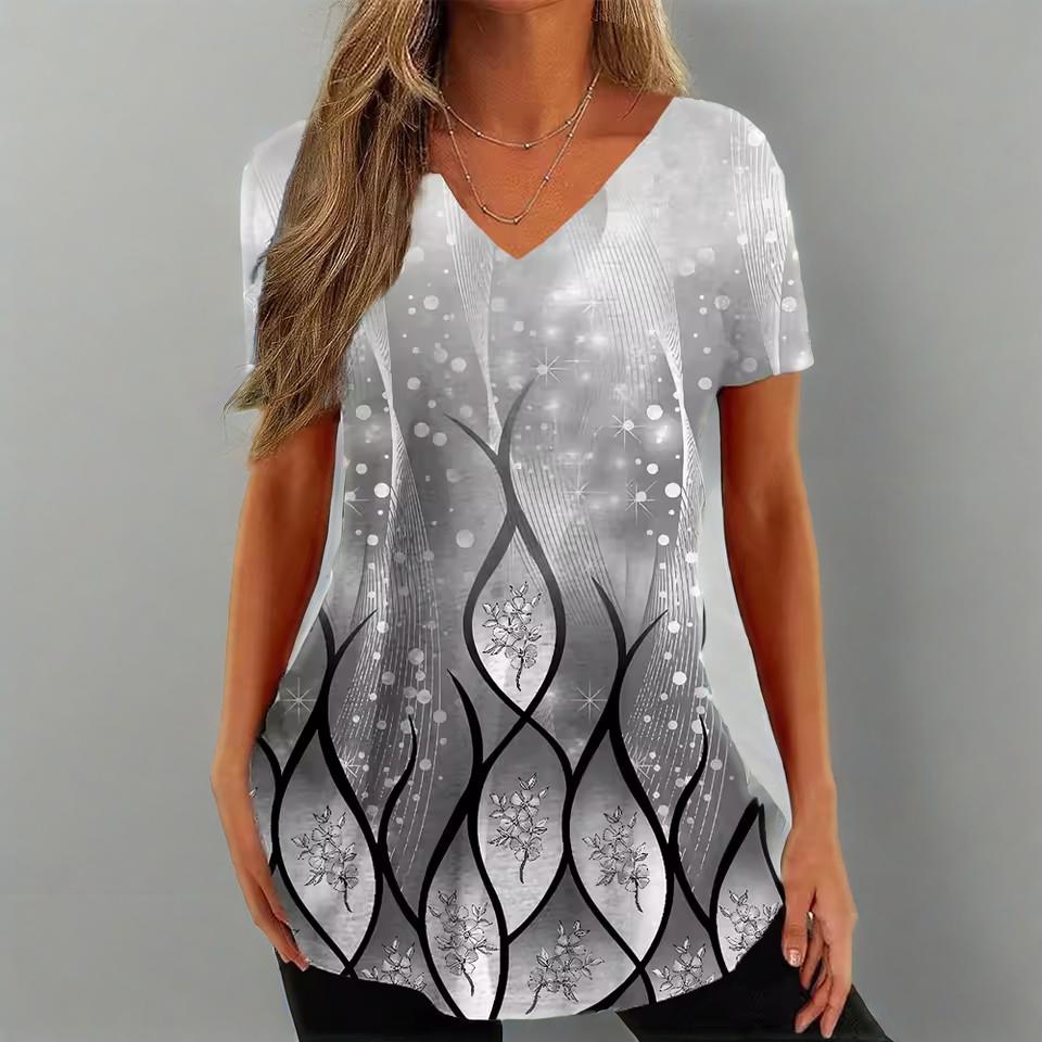 Vintage V-neck Women's T-shirt Summer Outdoor Casual Short Sleeve Tops Fashion Black Stripe Printing OverSize Clothing