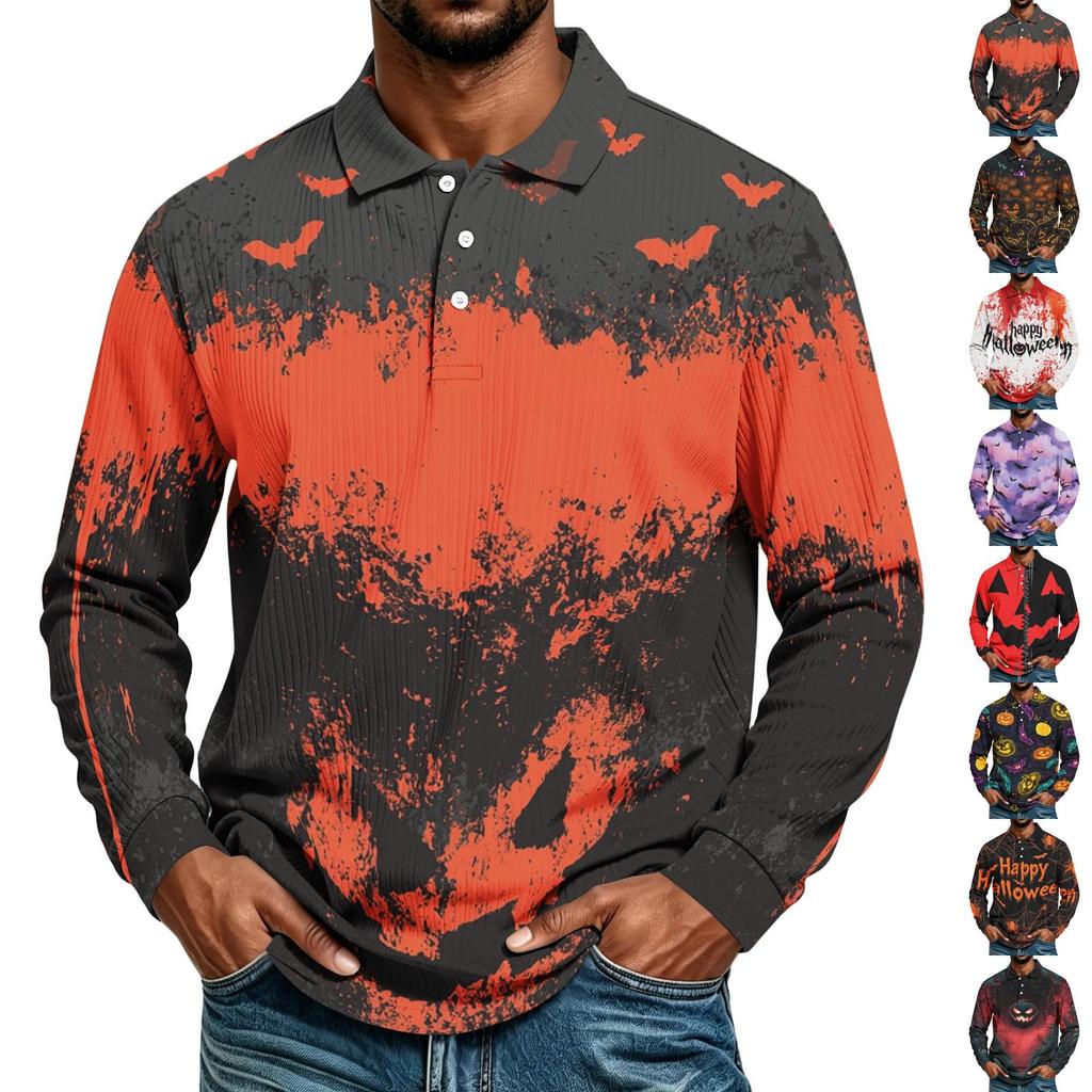 Men's Casual Halloween Print Long Sleeve Shirt Loose Fit