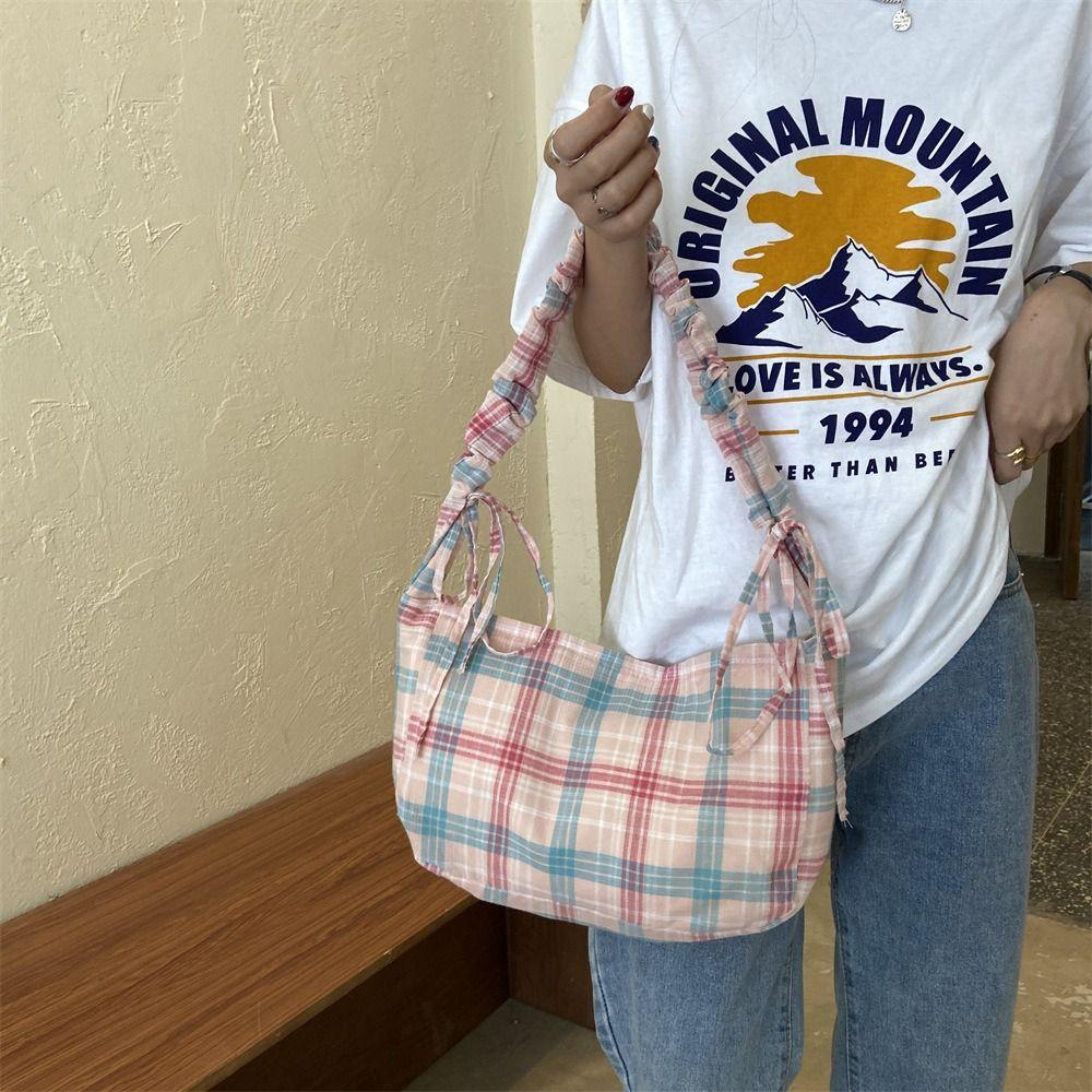 Sweet Pleated Dumpling Bag Large Capacity Women Chic Underarm Bag Cute Lattice Tote Bag Outdoor