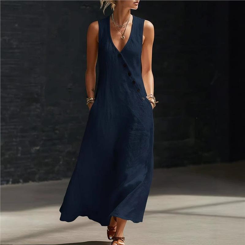 New summer V-neck sleeveless diagonal button-up vest skirt long women's vacation casual dress