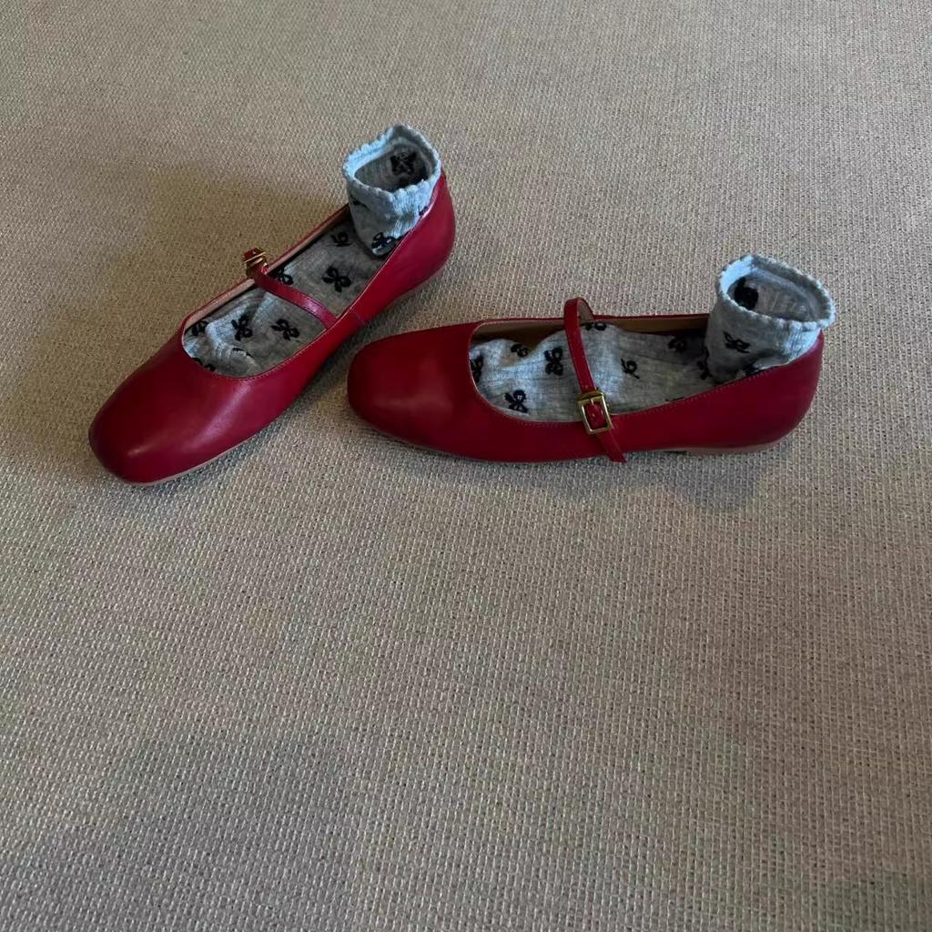 Blue Cabinet~ Korean-style Daughter Gold Retro Style Round Head One-word Buckle Red Ballet Mary Jane Shoes Commuter Flat Shoes