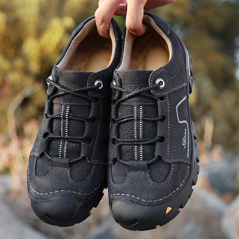 Chaussures pour hommes en cuir de vache style rétro mode, baskets de marche antidérapantes pour hommes, décontractées à lacets, chaussures de loisirs pour la marche, baskets de randonnée en extérieur
