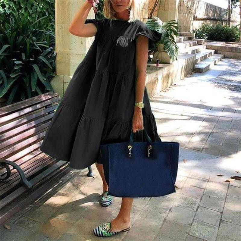 Women Dress Short Sleeve Pleated Long Dresses Fashion Bohemian Dress Solid Loose Summer Dresses