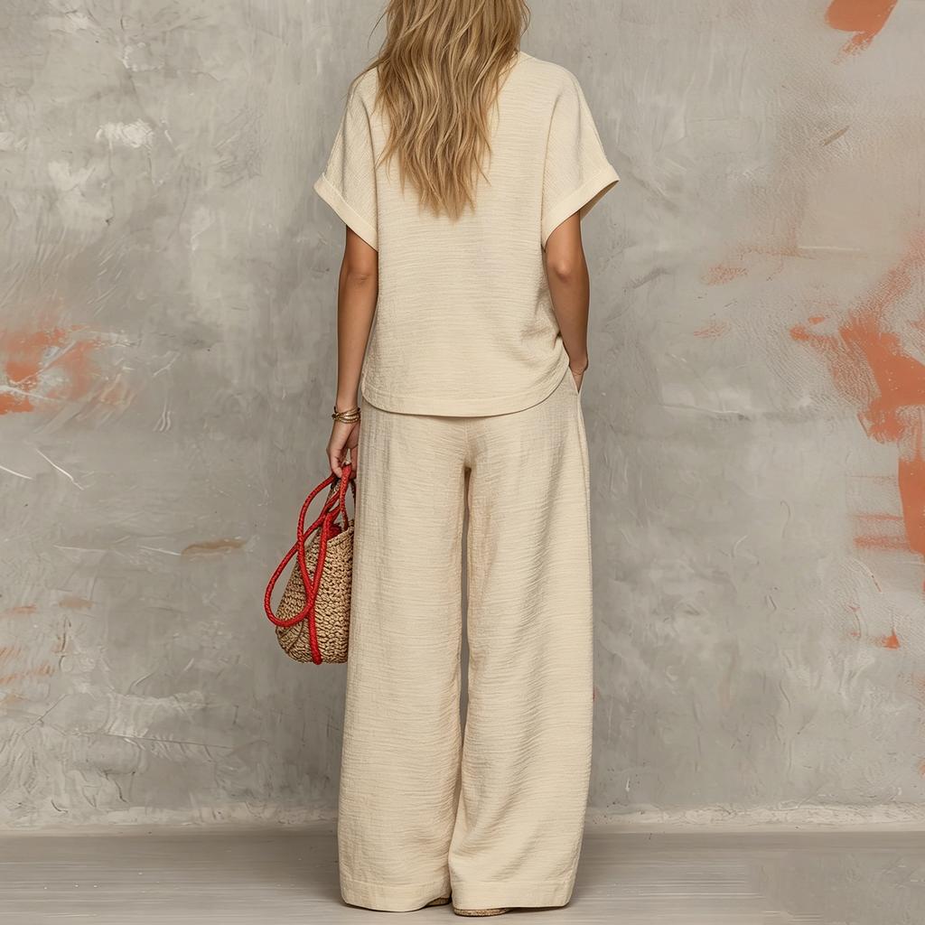 Damen V-Ausschnitt Kurzarm Knopfleiste Oberteil mit Weitbein Hosen Set Lässiges Zweiteiler Outfit Sommer Lockerer Schnitt